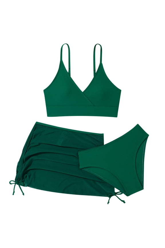Swimsuit For Girls Cute Girls' 3 Piece Plain Swimsuit Wrap Bikini With Ruched Cover Up Skirt Set Dark Green 9Y/(9-10 Years)