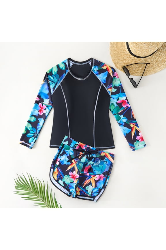 Swimsuit For Girls Cute Long Sleeves Rash Guard Athletic Swim Aztec Tankini Sets Swimsuit Blue L/(13-14 years)