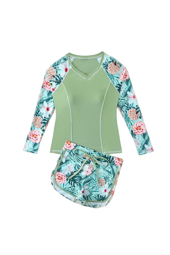 Swimsuit For Girls Cute Long Sleeves Rash Guard Athletic Swim Aztec Tankini Sets Swimsuit Green M/(12-13 years)