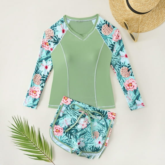 Swimsuit For Girls Cute Long Sleeves Rash Guard Athletic Swim Aztec Tankini Sets Swimsuit Green XL/(14-15 years)