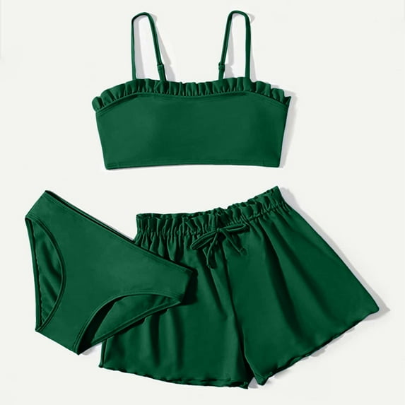 Swimsuit For Girls Cute Toddler Girl'S 3 Piece Swimsuits Soild Bikini Rullfe Bathing Suit Briefs Girls Bikini Swimwear Set Green 150/(12-14 Years)