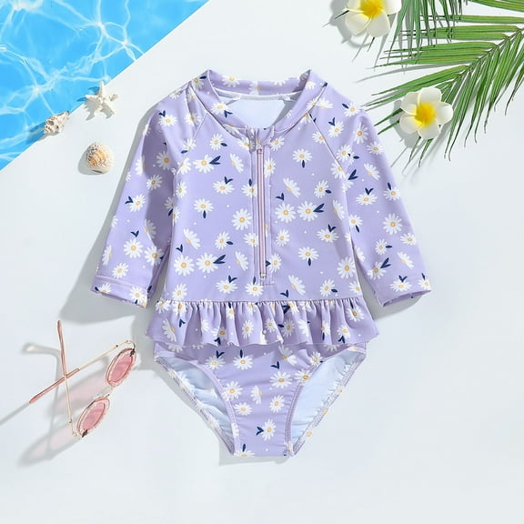 Swimsuit For Girls Cute Toddler Girls Long Sleeve Floral Printing Beach Bathing Baby Suit Girls Swimwear Swimsuit Purple 3T/(2-3 Years)
