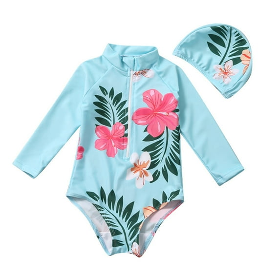Swimsuit For Toddler Girl Summer Girls Long Sleeve Floral Leaf Print Girls Kids Swimwear With Hat 2pcs Girls Swimming Suit,12-18 Months
