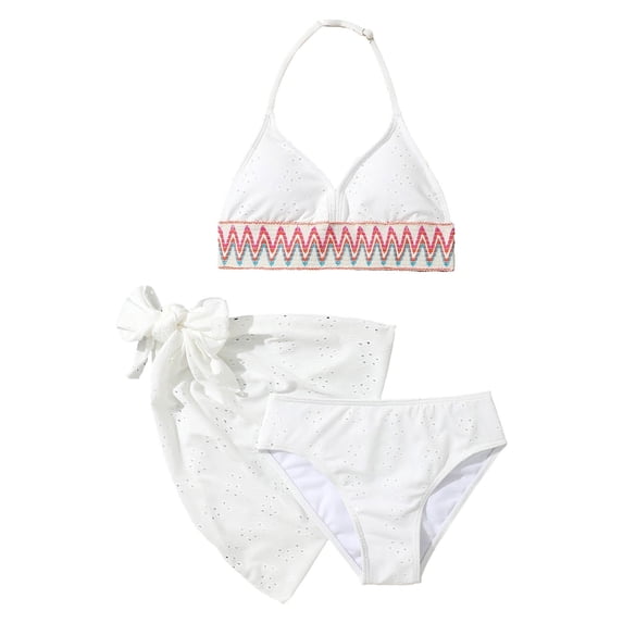 Swimsuit for Girls 3 Piece Halter Neck Sleeveless Ruched Solid Print Bikini And Cover Up Skirt Set for Beach Vacation Girls Bathing Suits White 6 Years-7 Years
