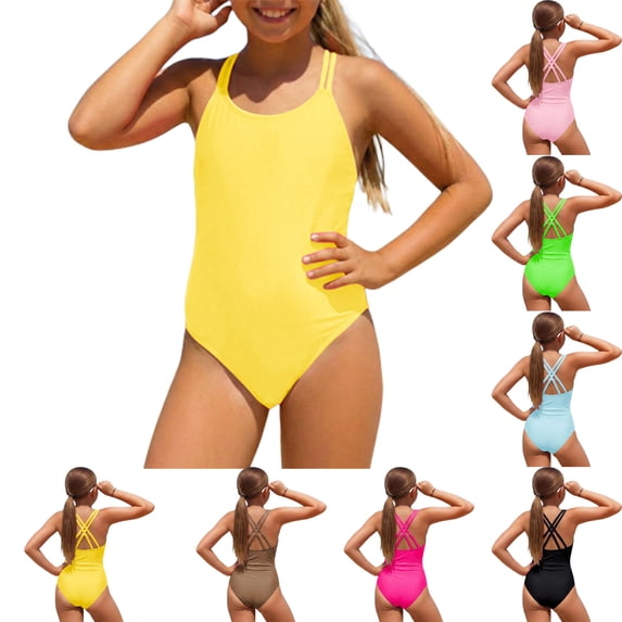 Swimsuit Girls Adjustable Straps Quick Dry Cross-Back Swimwear Summer Beach Yellow Swimsuit for Girls Size 8-16 Years