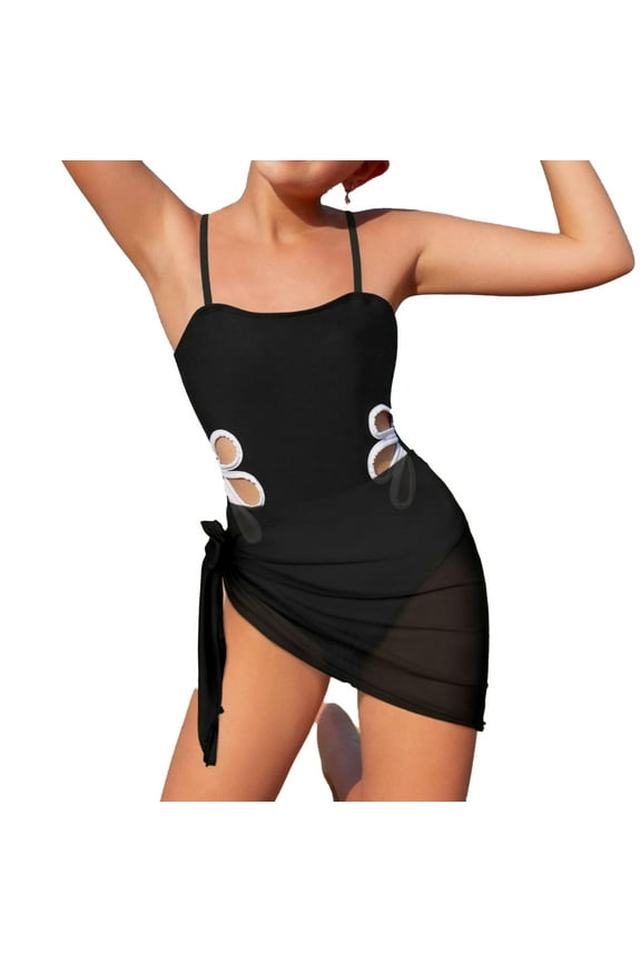 Swimsuit For Girls Cute Girls Swimsuit Adjustable Straps Out Bathing Suit Girls' Swimwear 1Pc Round Neckline Solid Color Cut Out Swimsuit And 1 Pcsilk Scarf Black 12Y/(11-12 Years)