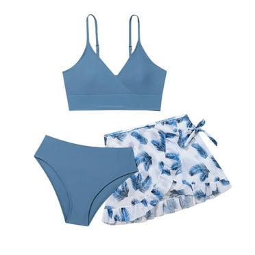 Swimsuit for Girls Kids Girls 3 Piece Swimsuit Bathing Suit, Child Cute Floral Print Bikini Set with Skirt Swimwear Kids Swimsuits Blue 9 Years-10 Years