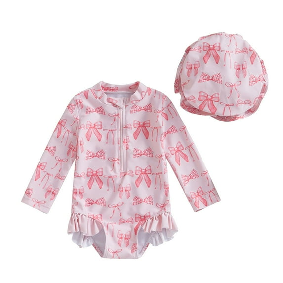 Swimsuit for Girls Kids Girl Long Sleeve Sun Protective Swimsuit with Hat Beach Rash Guard One Piece Bathing Suit Bathing Suits for Girls Pink 3 Months-6 Months