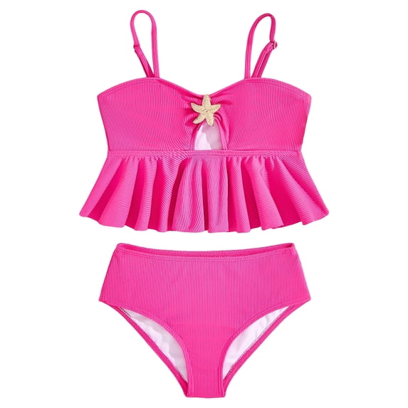 Swimsuit Girls Two Piece Girl's Two Piece Metallic Shell Bikini Sets Cut Out Ruffle Top High Waist Hipster Swimsuit
