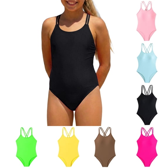 Swimsuit Kids Cross Back Swimwear with Adjustable Straps Summer Black Swimsuit Girls Size 8-16 Years