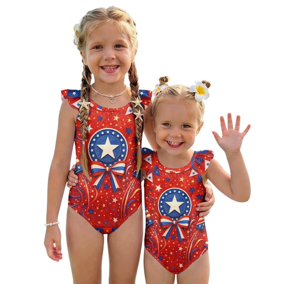 Swimsuit for Kids Girls Size 10-12 One Piece Swimsuit Summer 1776 American Flag Stars Striped Swimsuits Swimming Flutter Sleeve Beach Vacation Happy Festival Girls Bathing Suit Vermilion 7-8 Years