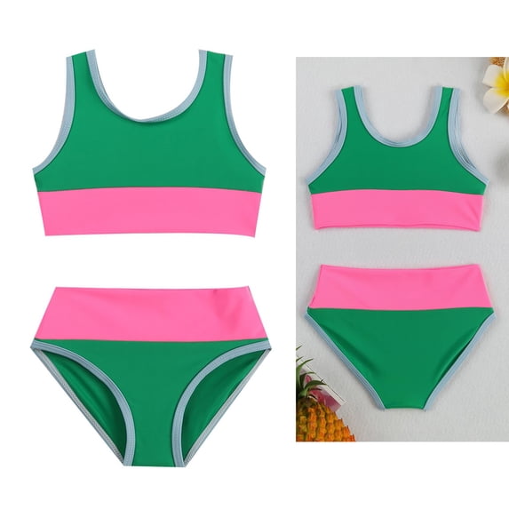Swimsuit Kids Girls Sporty 2 Piece Swimwear Sets with Colorblock Kids Bikini 6-7 Years