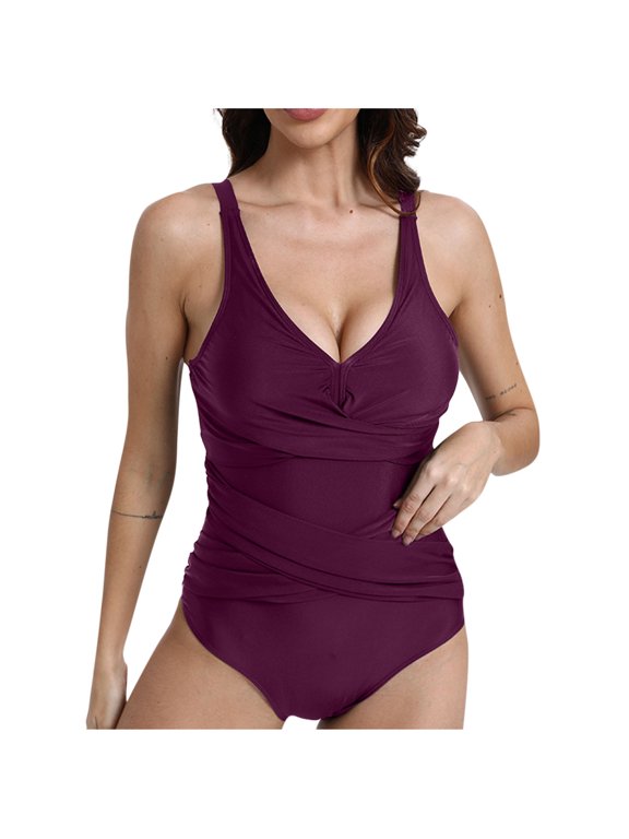Swimsuit Sets for Women Slimming One Piece Bathing Suit Retro Ruched Push Up V Neck Vintage Padded Swimwear