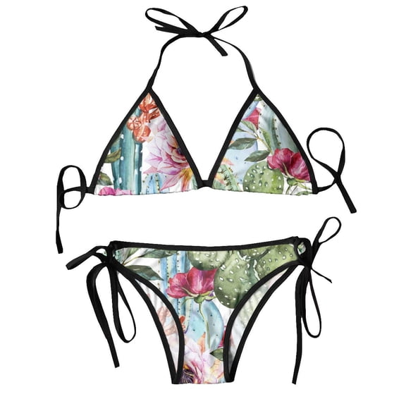 Swimsuit Watercolor Flowers Roses And Cactus Mujer Women Swimwear Summer Beachwear Bathing Bikinis Sets