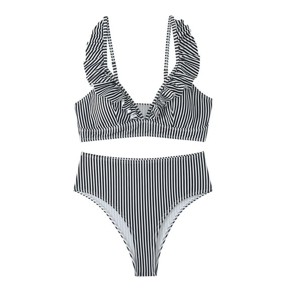 Swimsuit for Women 2024 Pimelu Bikini Sets for Women Womens 2 Pieces Bathing Suits Fashion Ruffle Layer Trim Striped Print Swimwear High Waist Slim Swimsuit Sets with Pad