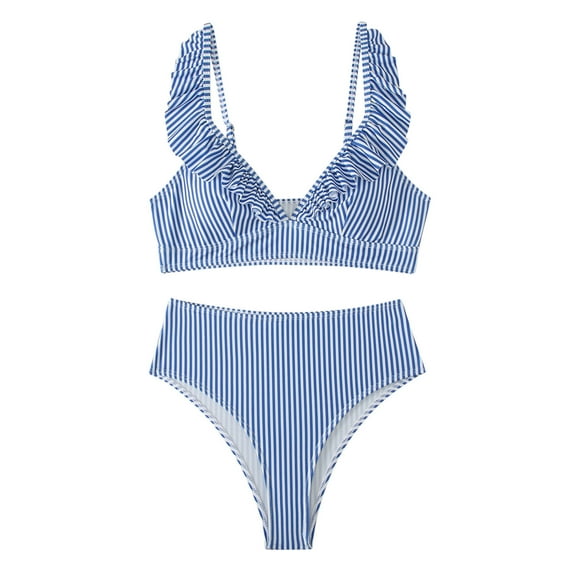Swimsuit for Women 2024 Pimelu Bikini Sets for Women Womens 2 Pieces Bathing Suits Fashion Ruffle Layer Trim Striped Print Swimwear High Waist Slim Swimsuit Sets with Pad
