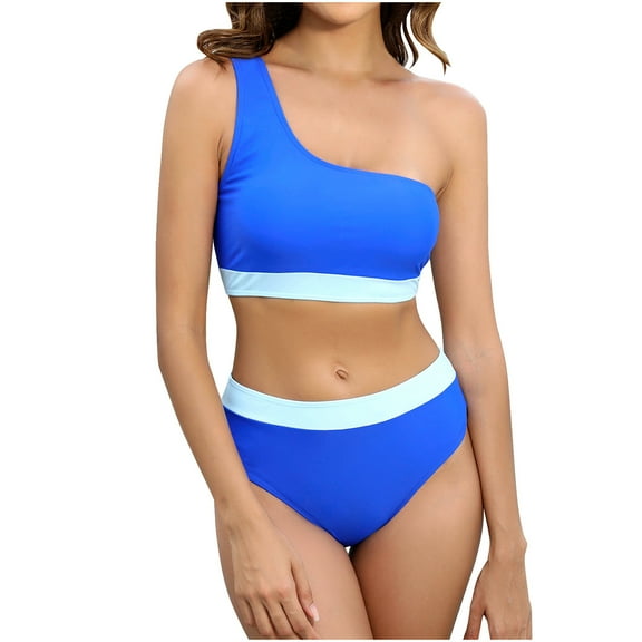 Swimsuit for Women 2024 Pimelu Bikini Sets for Women Womens Two Piece Bathing Suits One Shoulder Fashion Color Block High Waist Swimwear Ladies Girls Athletic Swimsuits Beachwear