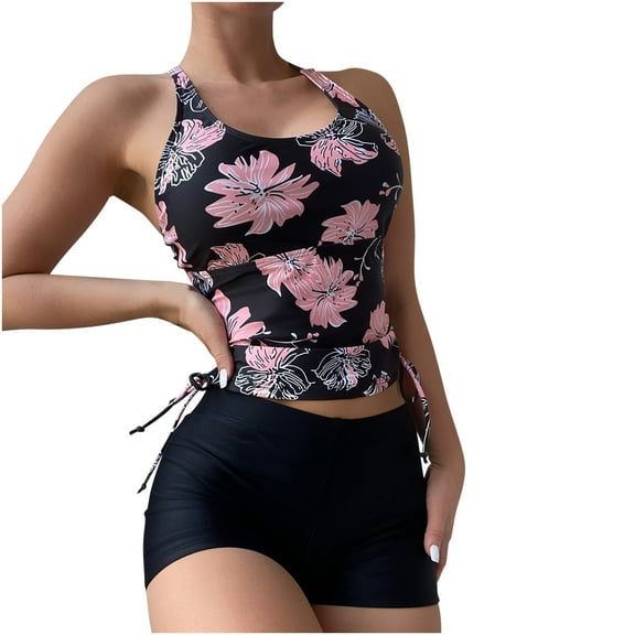 Swimsuit for Women 2024 Pimelu Tankini Swimsuits for Women Womens Two Pieces Bathing Suits Summer Beach Fashion Floral Drawstring Swimwear Ladies High Waist Slim Fit Bikini Sets