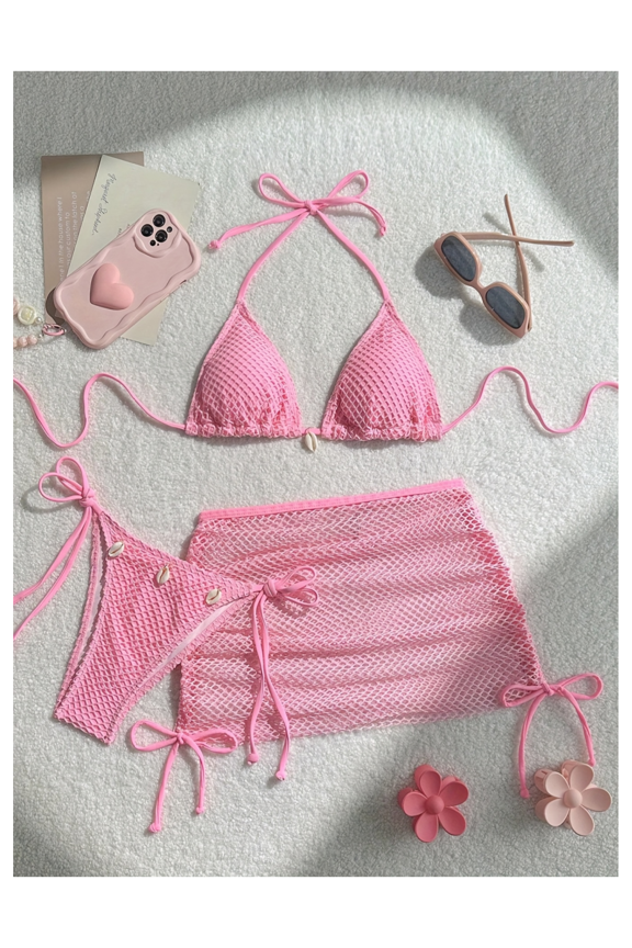 Swimsuit for Women Three Piece Pink Tulle Neck Triangle Bikini Set with Shells - Sexy Bathing Suit, Slimming Beachwear, Vacation Swimsuits, Halter Top, Ruffled Trim