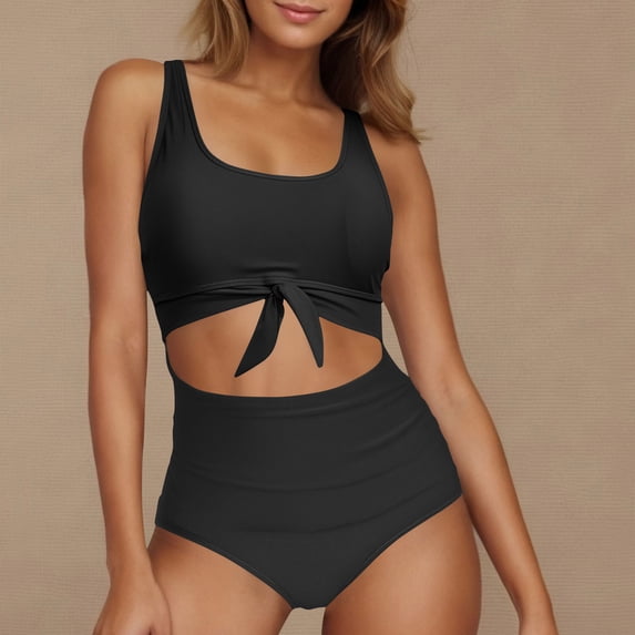 Swimsuit Women Tummy Control Cutout High Waisted Bathing Suit Wrap Tie Back 1 Piece Bikini Swimsuit