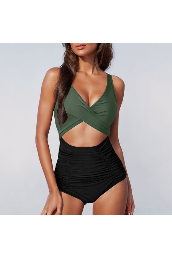 Swimsuit Women Tummy Control Cutout High Waisted Bathing Suit Wrap Tie Back 1 Piece Color Blocked Bikini Swimsuit