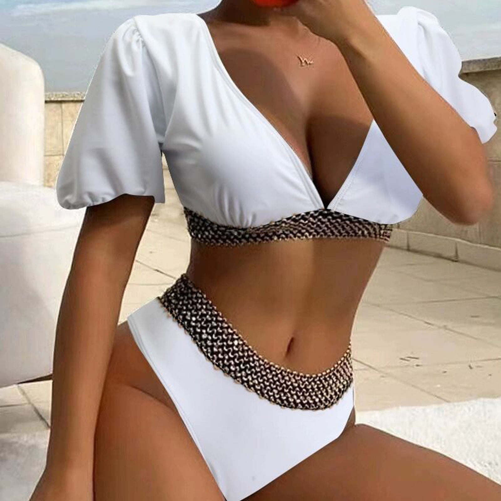 Swimsuit Women Womens Fashion Solid Color Split Triangle High Waist Half Sleeve Bikini Swimsuit