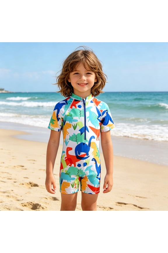 Swimsuit for Boys Size 5-6Y Youth One Piece Swimwear Multicolor Dinosaur Print Long Sleeve Sun Cartoon Uv Protect Boys Bathing Suit