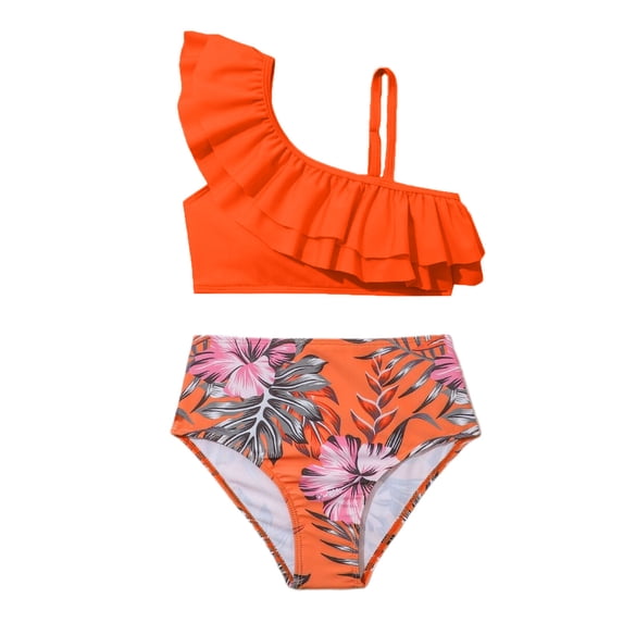 Swimsuit for Girls 2 Piece Solid Color Bikini Ruffle Top And Floral Print Bottom Summer Bathing Suit Size 10-11 Y