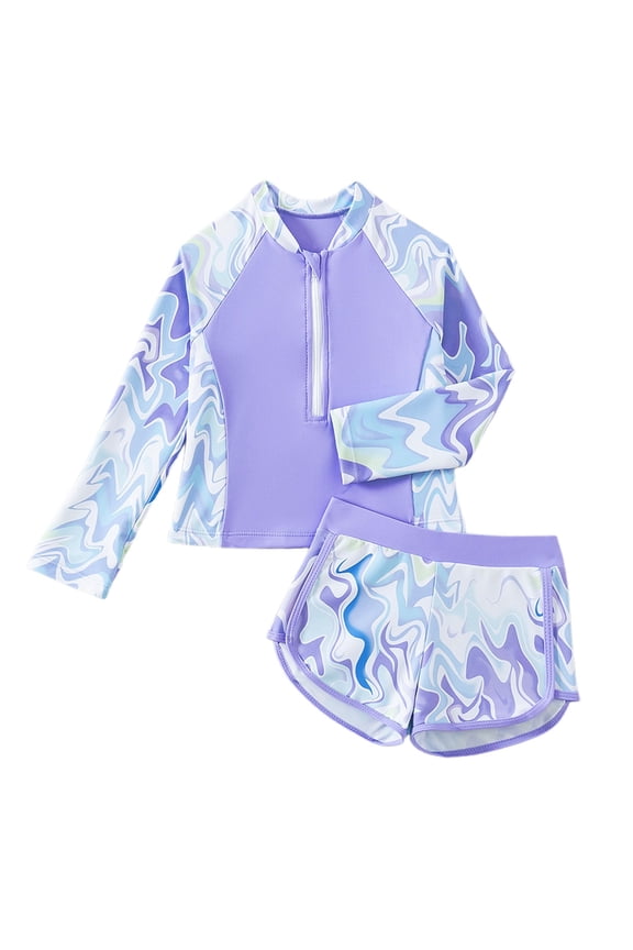 Swimsuit for Girls Beach Hot Spring Yoga Long Sleeve Patchwork Prints Tops Shorts Separate Split Swimsuits Girls Bathing Suit Purple 9 -10