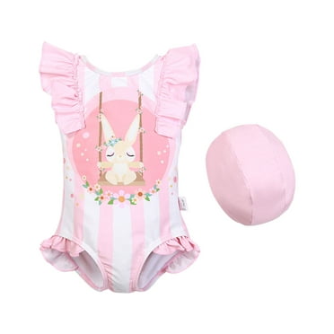 Swimsuit for Girls Children Cartoon Rabbit Print Fly Sleeve Ruffle Bikini Swimwear and Swimming Cap 2 Pieces Swim Suit Size 8-9