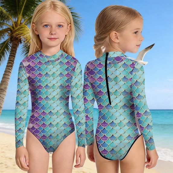 Swimsuit for Girls Girl's Long Sleeve Round Neck Cute One Piece Swimsuits Bathing Suits for Girls Green 9-10 Years