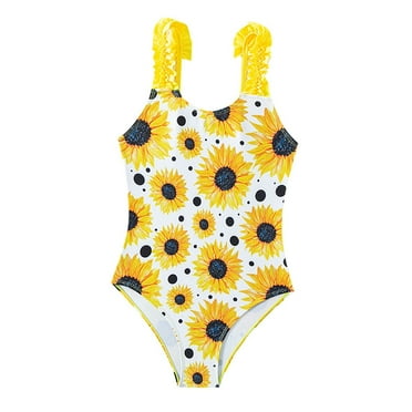 QWIED Swimsuit for Girls Kids Bow Ruffle Suspenders Sun Flower Printing Swimwear One Piece Tankini Set Bathing Suit Swim Suit Size 9-10