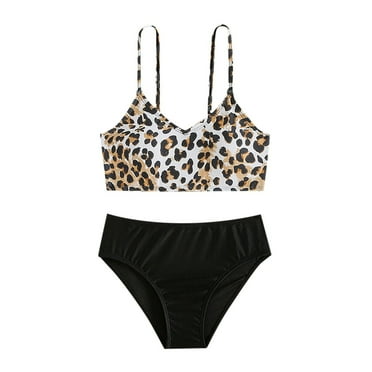 Swimsuit for Girls Kids Cute 2 Piece Bikini Set Suspenders Leopard Print Tube Top and High Waisted Brief Swimwear Bathing Suit Swim Suit Size 9-10
