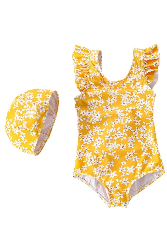 Swimsuit for Girls One Piece Fly Sleeve Swimwear Summer Floral Bathing Suit Outdoor Swimming Outfit Size 6-7 Y