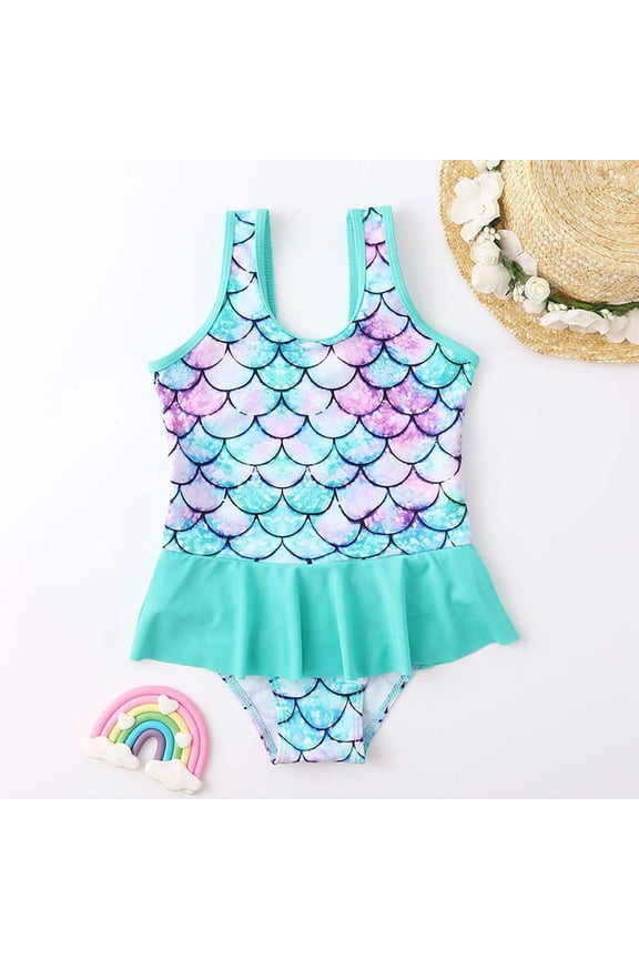 Swimsuit for Girls One Piece Ruffle Hem Fish Scale Print Wide Straps Hawaiian Pool GirlsBathing Suit Sky Blue 4-5 Years