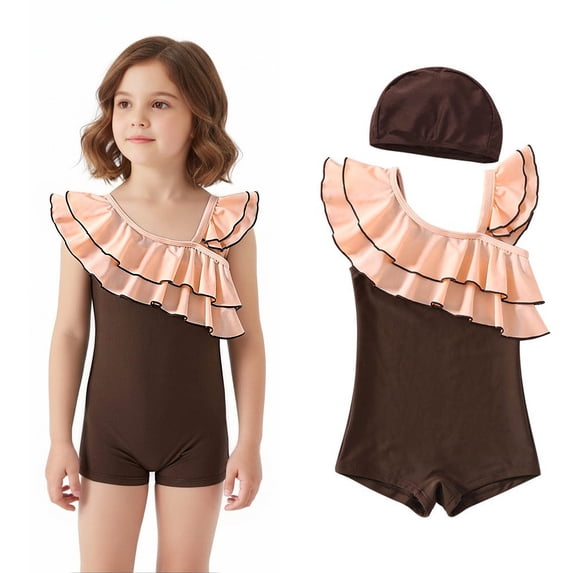 Swimsuit for Girls Ruffle 1 Piece Bathing Suit Quick Dry Swimwear with Swim Cap Swimming Suit for Girls 6-7 Years