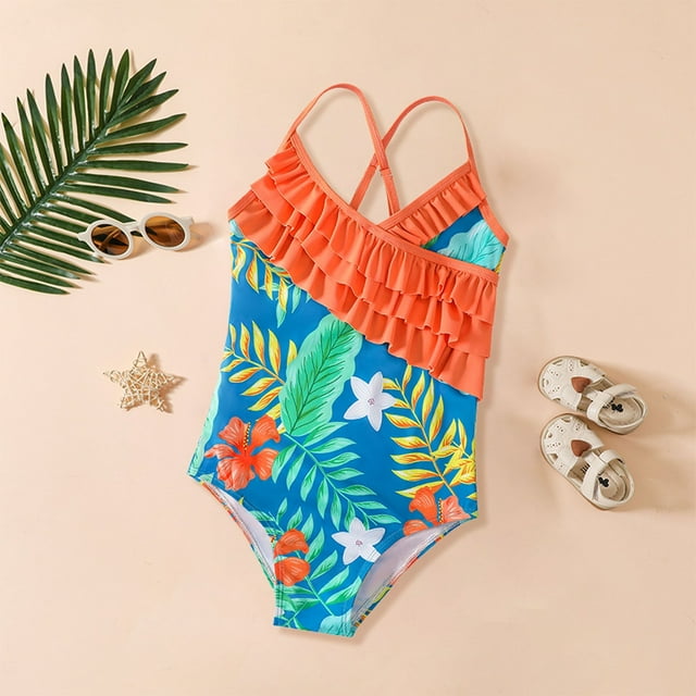 Swimsuit for Girls Ruffled Summer Beach Floral Kids Swimsuits - Walmart.com