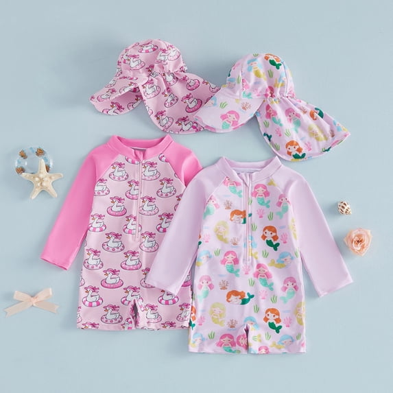 Swimsuit for Girls Summer Baby Boys Rash Guard Bathing Suit Toddler Swimsuit Cartoon Print Zipper Long Sleeve Swimwear with Swim Cap