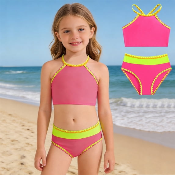 Swimsuit for Girls Two Piece Swimwear Bikini Solid Color Summer Beach Swim for Kids