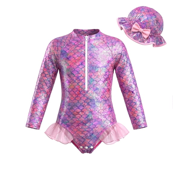 Girls One Piece Swimsuit Long Sleeve Rash Guard Swimsuit Cute Hat Bathing Suit girl Bathing Suit Set for 2-8 Years