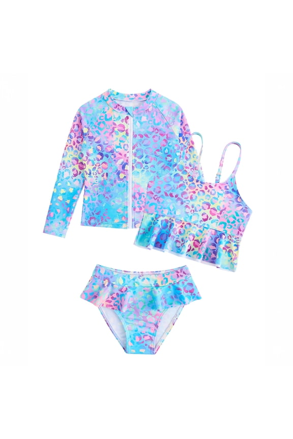 Bathing Suits for Girls with Long Sleeve Rash Guard 5T Ruffled Swimsuit Girls 3PCS Cute Pettern