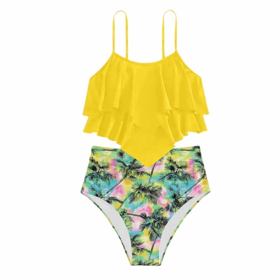 Swimsuit for Toddler Girl 15 Years, Girls Two Piece Swimsuit Solid Color Fashion Bikini Ruffled Back Tankini Youth Swimwear Girls Bathing Suit
