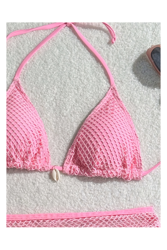Swimsuit for Women 3 Piece Pink Tulle Neckline Sexy Bathing Suit Triangular Cup Shell Detail Beach Swimwear Summer Vacation Outfits