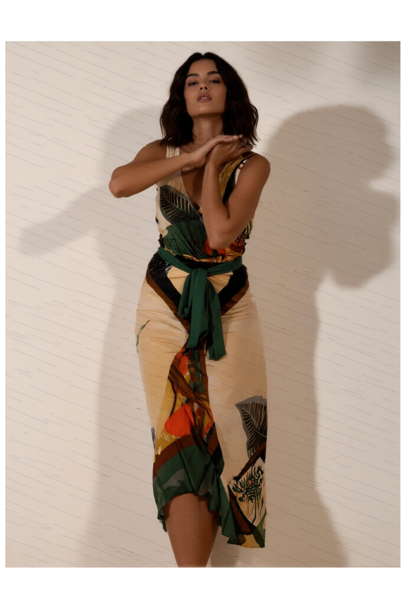 Swimsuit for Women Chic Tropical Print V Neck Bathing Suit Sleeveless Wrap Swimwear High Elasticity Flattering Swimsuit Khaki Green Red