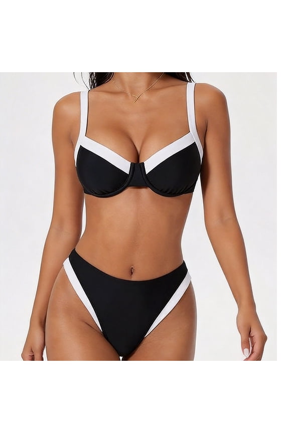 Swimsuit for Women Contrast Trim Bikini Set, Underwire Support Top with High-Waist Contrast Bottoms, Black and White Retro Swimwear for Beach Black S