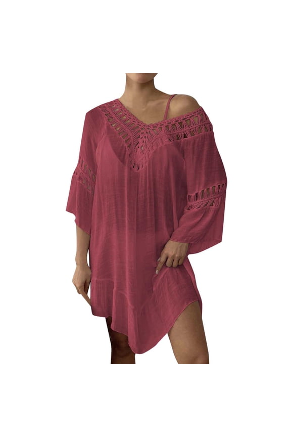 Swimsuit for Women Crochet Bikini Backless V Neck Fringe Floral Patchwork Summer Tops,Brick Red,One Size