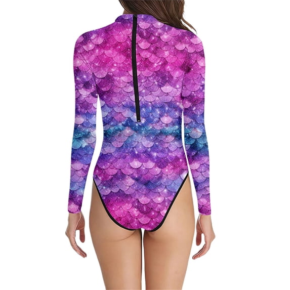 Swimsuit for Women Digital Scale Print Long Sleeve Bathing Suit High Neck Rash Guard Full Coverage Performance Swimwear for Pool Party