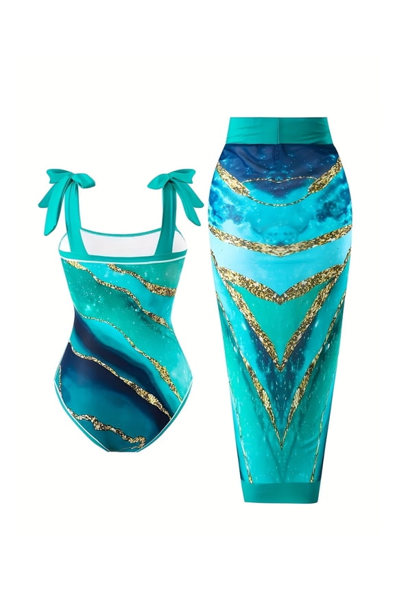 Swimsuit for Women Marble Print - Strapless Halter One Piece Bathing Suit Sun Protection Chiffon Beachwear Resort Wear - Ladies Summer Swimsuits