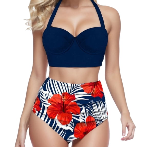 Swimsuit for Women Push Up Halter Bikini Printed High Waisted Bathing Suit,Navy,2XL