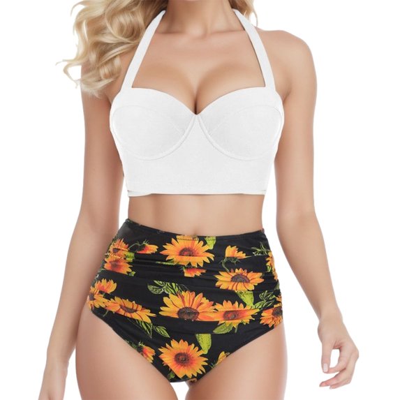 Swimsuit for Women Push Up Halter Bikini Printed High Waisted Bathing Suit,White,2XL
